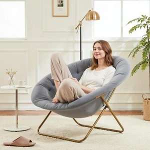 Round Shaped Moon Chair with Foldable Metal Frame for Bedroom Grey - Picture 1 of 7