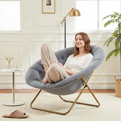 Round Shaped Moon Chair with Foldable Metal Frame for Bedroom Grey - Image 1 of 4