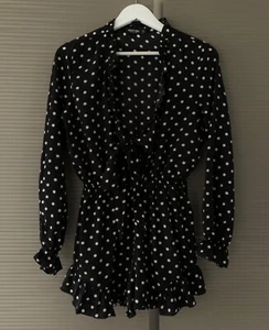 NASTY GAL BLACK POLKA DOT SHORTS PLAYSUIT LONG SLEEVES SIZE 12 EXCELLENT CONDITI - Picture 1 of 6