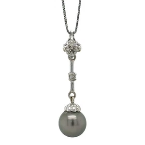 Black Pearl & Diamond 14k White Gold Pendant 19" Baby Box Chain 2.8g - Picture 1 of 5