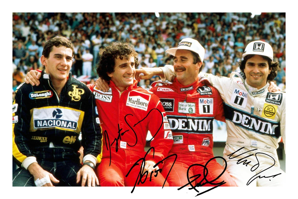 Ayrton Senna Alain Prost Nigel Mansell Nelson Piquet Signed Autograph Photo Prnt - Image 1 of 1