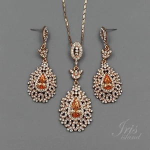 18k Gold Plated GP Topaz CZ Crystal Necklace Earring Wedding Jewelry Set 01383 - Picture 1 of 9