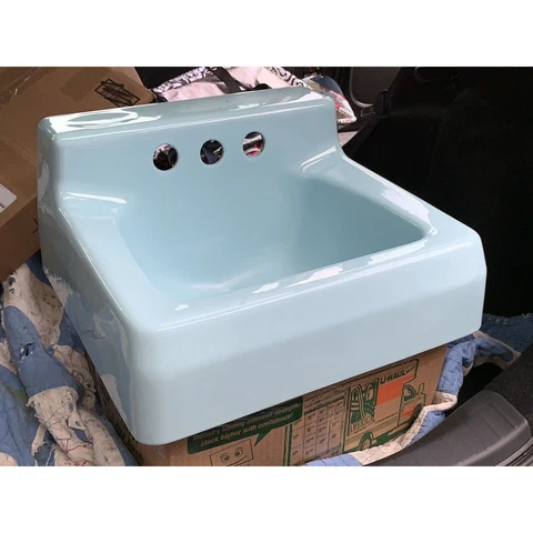 Blue Porcelain Bath Room Sink Mid-Century Modern Lavatory Cast Iron MCM 1966 Cover