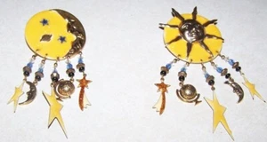 Vintage  Moulin Rouge  Clip-On Earrings  Sun Stars Moon Globe  Celestial Charms - Picture 1 of 7
