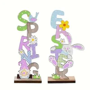 Easter & Spring Wooden Table Sign Easter Bunny Gnome Stand Tabletop Decor Set 2 - Picture 1 of 3
