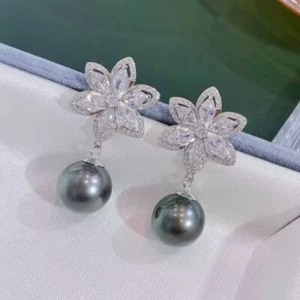 stunning 9-10mm tahitian round black green pearl dangle earring 925s(t) - Picture 1 of 3