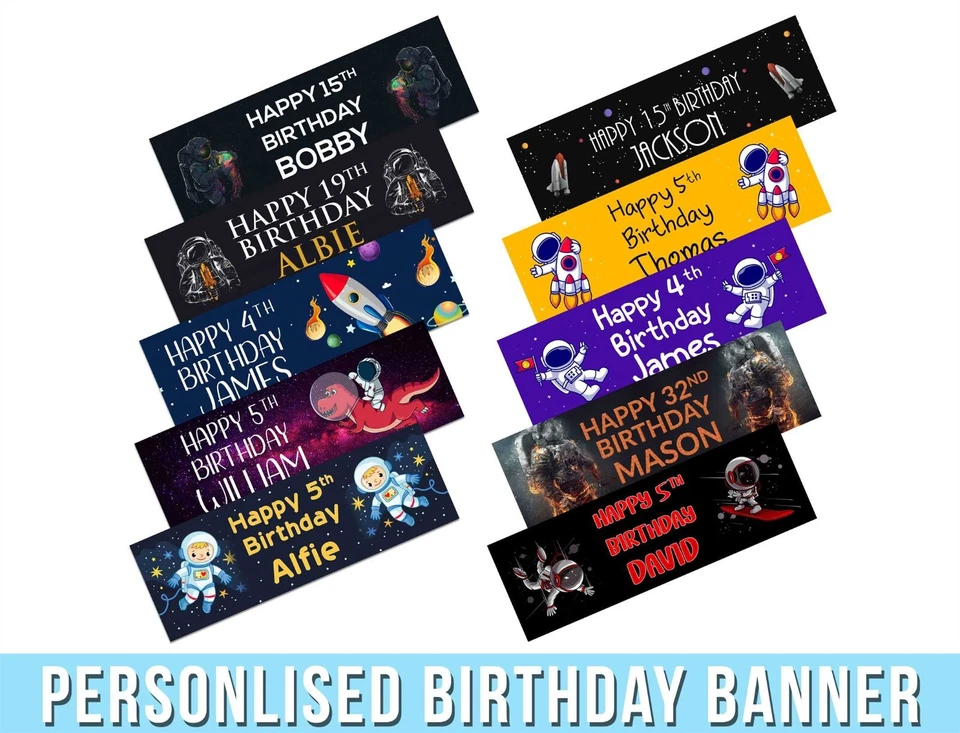 Pancartas de cumpleaños de diseño de espacios personalizadas para niños fiesta decoración niños 235 Foto 1 de 1