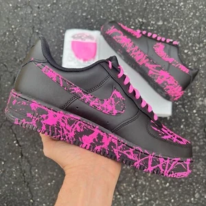 Air Force 1 Custom Mens Black Shoes, Hot Hyper Magenta Pink Splatter Art, Womens - Picture 1 of 24