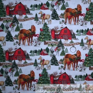BonEful Fabric FQ Cotton Quilt White Snow Scenic Horse Farm Red Cardinal Bird UK - Picture 1 of 12