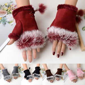 Women's Winter Warmer Half Finger Fingerless Gloves Faux Fur Suede Wrist Mitten^