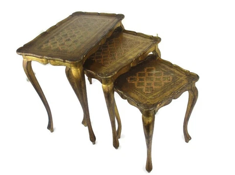 3 Italian Florentine Hollywood Regency Stacking Wood Nesting Tables Blue Gold Cover