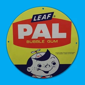 VINTAGE 1965 LEAF PAL BUBBLE GUM GAS STATION SERVICE MAN CAVE OIL PORCELAIN SIGN - Picture 1 of 2