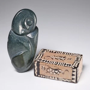 Kenyan Zimbabwe Carved African Stone Art Sculpture and Box 2pc Lot - Picture 1 of 12