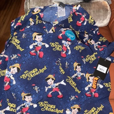 Pinocchio Cherokee Scrubs Disney Tooniforms Mens V Neck Top Sz Med. NEW - Image 1 of 4