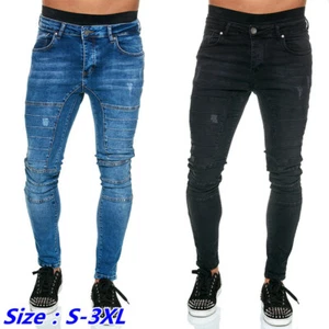 Men Skinny Washed Biker Jeans Stretch Denim Pants Low Waist Slim Fit Trousers - Picture 1 of 10