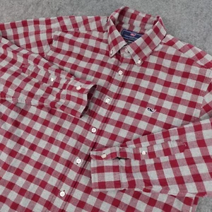 Vineyard Vines Shirt Mens Large Red Gray Flannel Slim Fit Whale Gingham Check - Picture 1 of 12