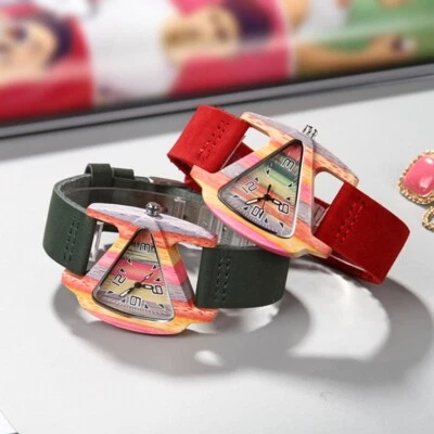 Watch Wood Eco Bamboo  Quartz Triangle Colorful Green Red Leather Strap - Image 1 of 4