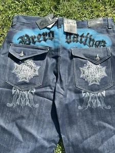 Raw Blue Jeans Men 42 Denim Embroidered Embellish Pants Baggy Rap Y2K Vintage - Picture 1 of 6