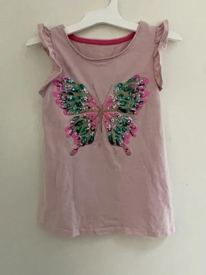 Camisa Cynthia Rowley Niños Niñas Lentejuelas Brillo Mariposa Volantes Manga Rosa S 5-6 Foto 1 de 4