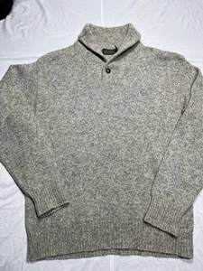 Vintage 90s Eddie Bauer Wool Shawl Collar Sweater Size M Beige Gray Knit Cozy - Picture 1 of 8