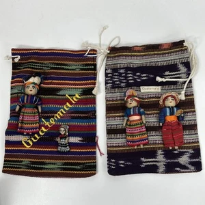 2 Handmade Guatemala Woven Drawstring Pouch With Worry Dolls Attached - Imagen 1 de 7