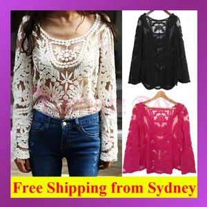 Women Semi Sexy Sheer Long Sleeves Embroidery Floral Lace Crochet Top Blouse Tee - Picture 1 of 17