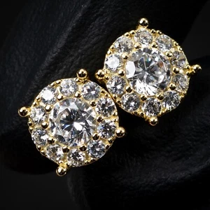 14K Gold Plated Men's Hip Hop Iced Cz Cluster 925 Sterling Silver Stud Earrings - Picture 1 of 6