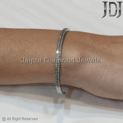 Genuine Pave Diamond 925 Sterling Silver Stackable Open Cuff Minimalist Bangle - Image 1 of 4