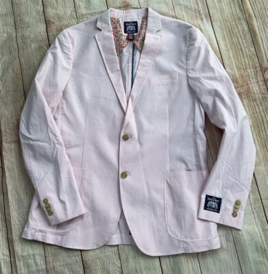 NEW Mens Savile Row Pink Maddox Cotton Seersucker Striped Blazer Jacket 44 L - Image 1 of 4