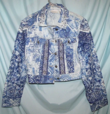 Chaqueta de mezclilla recortada con cuentas geométricas con cuello Chico's azul para mujer 4 o 0 nueva con etiquetas Foto 1 de 4