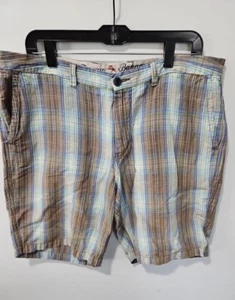 Pantalones cortos a cuadros Tommy Bahama marrón bronceado lino algodón 36 azul campamento hawaiano - Imagen 1 de 8