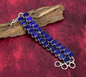 Blue Sapphire Gemstone Handmade 925 Sterling Silver Lab-Created Bracelet Jewelry - Picture 1 of 5