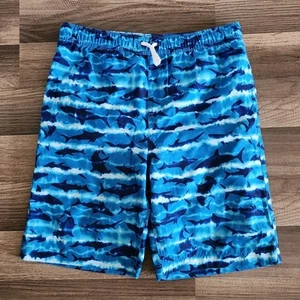 LANDS END BATHING SUIT SHORTS YOUTH BOYS LARGE BLUE SHARK ALL OVER PRINT UPF 50 - Picture 1 of 10