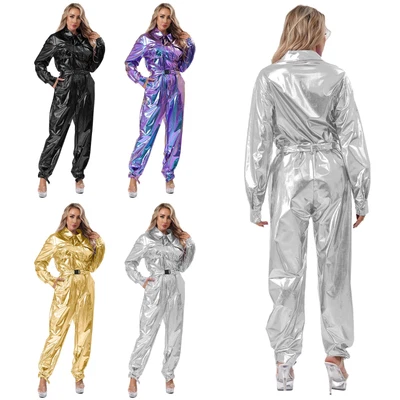 Damen Strampelhöschen Hohe Taille Gesamt Glänzend Tanzbekleidung Party Overall - Bild 1 von 3