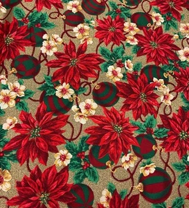 1 And 1/3 Yard Poinsettia & Tree Ornament Fabric 44” Wide 100% Cotton - Picture 1 of 1