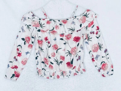 H & M Girls Off Shoulder Shirt White & Pink Floral Pattern Size 10-11Y - Image 1 of 4