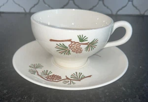 Vintage Harker Stetson Marquest Pottery Misty Pine Cone Cup & Saucer Set USA - Picture 1 of 7
