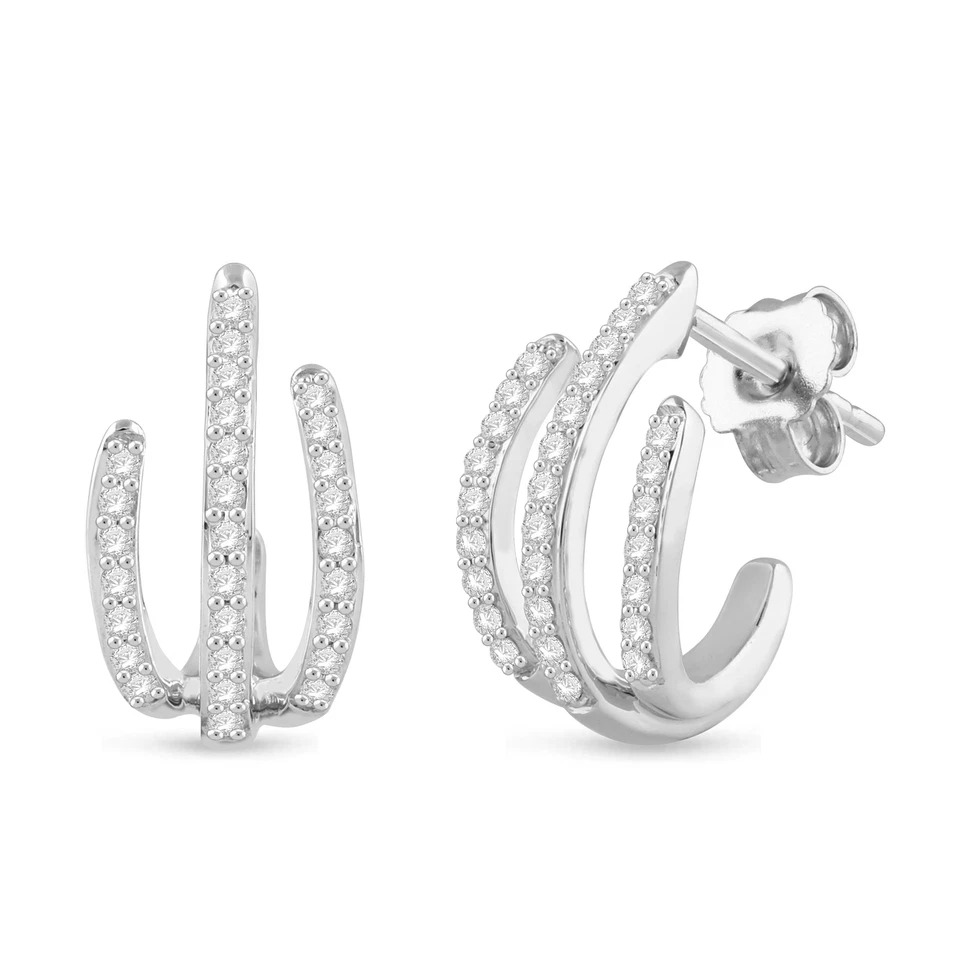 1/3 Cttw Diamond Huggie Hoop Earrings for Women Three Open Rows in Silver - Image 1 of 1