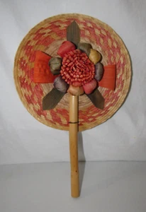 HANDCRAFTED ORANGE FLORAL CORN HUSK BAMBOO HANDLE HAND HELD FAN - Picture 1 of 3