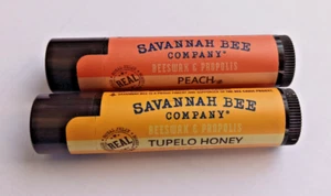 TWO~The Savannah Bee Company~100% Natural~TUPELO HONEY & PEACH~Beeswax Lip Balms - Picture 1 of 1
