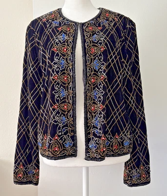 Papell Boutique Open Front Jacket Cocktail Colorful Beaded Sz L Christmas Vtg - Image 1 of 4