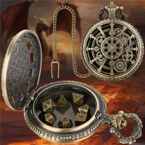 Tiny DND Dice Set with Gear Pocket Watch Shell Polyhedral Metal Dices Xmas Gifts - Picture 1 of 14