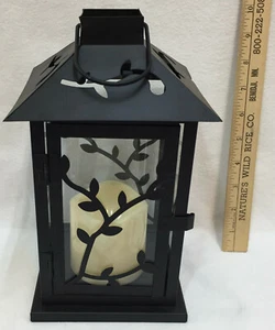 Lantern Candle Holder Pillar Glass Panels Black Metal Vines 10" Battery Operated - Picture 1 of 5