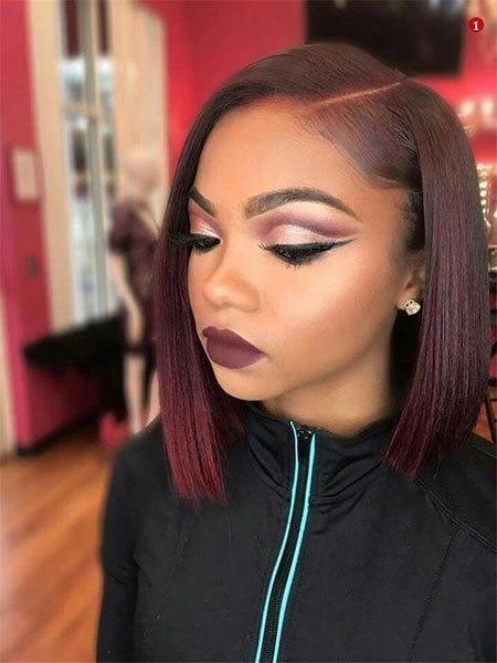 Парики бордовые красные Yaki Straight Bob парики с кружевной передней частью из человеческих волос 13x4 предварительно выщипанные - Изображение 1 из 4