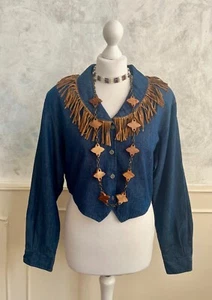 CIRCLE T MARILYN LENOX Blue Denim Western Indie Suede Tassel Fringe Crop Shirt M - Picture 1 of 6
