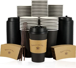 LITOPAK Confezione 100 Tazzine da Caffè in Carta 16 Oz per Bevande Cioccolata Calda, Nero Smaltimento - Foto 1 di 7