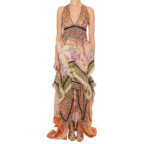 DSQUARED2 S72CU0809 RUNWAY Abito da donna velluto finiture in pelliccia beige maxi abito da treno