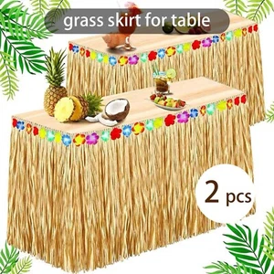 2 Pack Brown Table Skirt Hawaiian Luau Hibiscus Green Table Skirt 9ft + 24 Leave - Picture 1 of 9