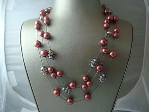 COLDWATER CREEK MULTI STRAND APPLE RED SIMULATED PEARL CRYSTAL 20" NECKLACE NWT - Picture 1 of 8