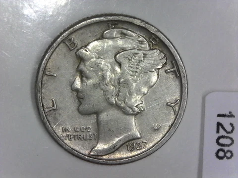 1937-S Mercury 90% Silver Dime, Fine - Very Fine Condition F-VF, San Francisco Cover
